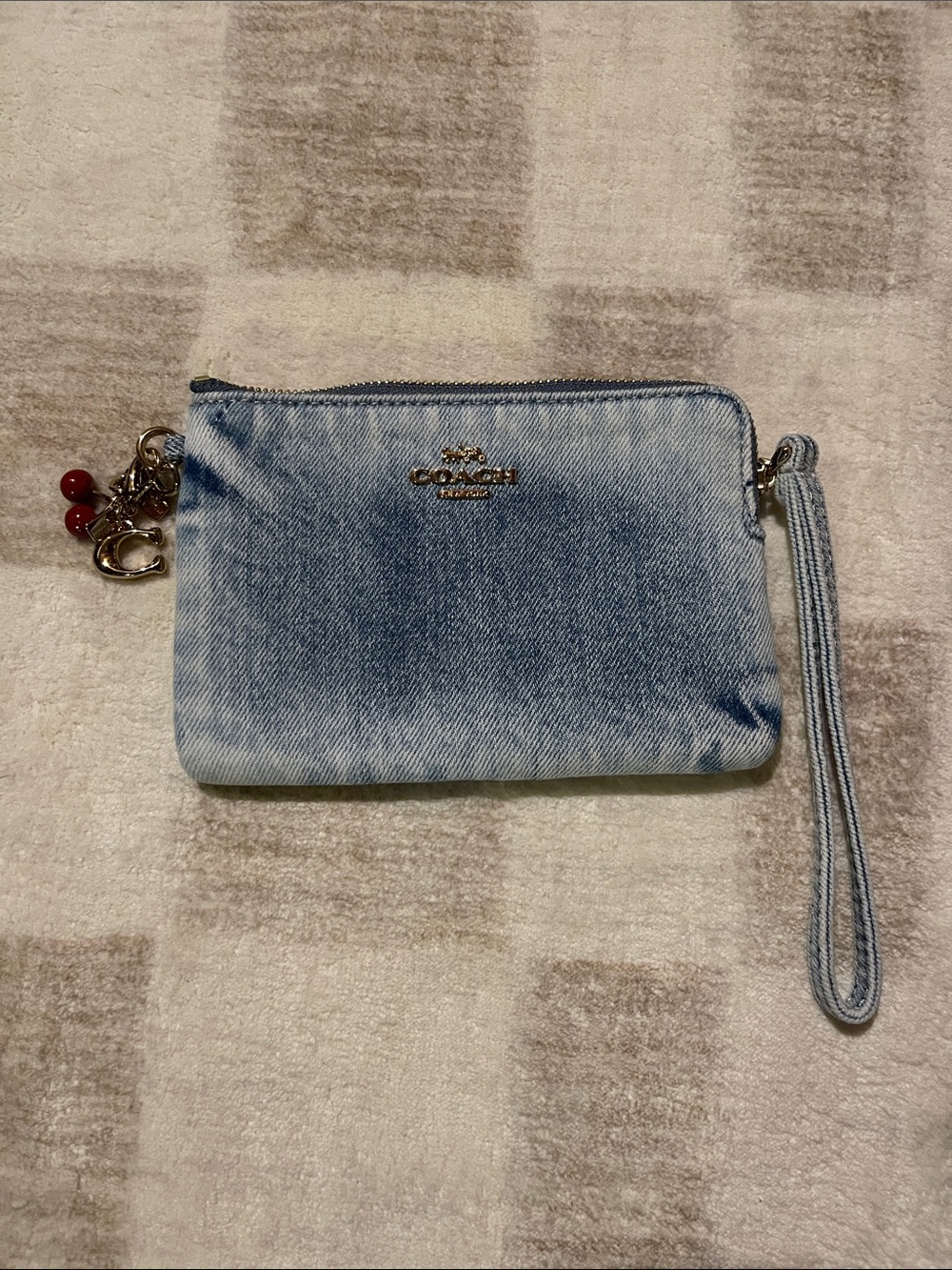 Coach Light Blue Denim Wristlet with Charm and Strap